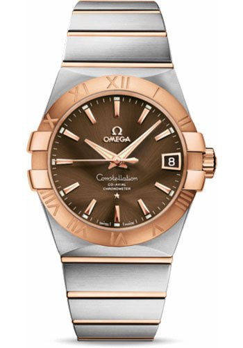 Omega Gents Constellation Chronometer Watch – 38 mm Brushed Steel And Red Gold Case – Brown Dial – 123.20.38.21.13.001