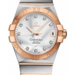 Omega Gents Constellation Chronometer Watch – 38 mm Brushed Steel And Red Gold Case – Silver Diamond Dial – 123.20.38.21.52.001