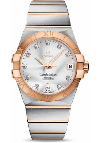 Omega Gents Constellation Chronometer Watch – 38 mm Brushed Steel And Red Gold Case – Silver Diamond Dial – 123.20.38.21.52.001