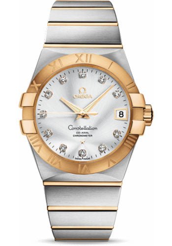 Omega Gents Constellation Chronometer Watch – 38 mm Brushed Steel And Yellow Gold Case – Silver Diamond Dial – 123.20.38.21.52.002