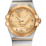 Omega Gents Constellation Chronometer Watch – 38 mm Brushed Steel And Yellow Gold Case – Champagne Diamond Dial – 123.20.38.21.58.001
