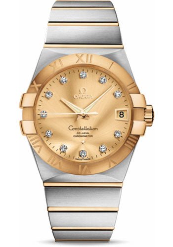 Omega Gents Constellation Chronometer Watch – 38 mm Brushed Steel And Yellow Gold Case – Champagne Diamond Dial – 123.20.38.21.58.001