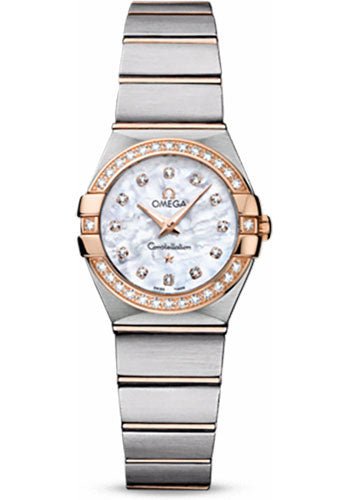 Omega Ladies Constellation Quartz Watch – 24 mm Brushed Steel And Red Gold Case – Diamond Bezel – Mother-Of-Pearl Diamond Dial – 123.25.24.60.55.001