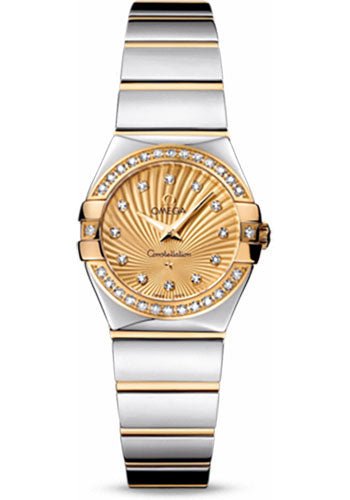 Omega Ladies Constellation Polished Quartz Watch – 24 mm Polished Steel And Yellow Gold Case – Diamond Bezel – Champagne Diamond Dial – Steel And Yellow Gold Bracelet – 123.25.24.60.58.002