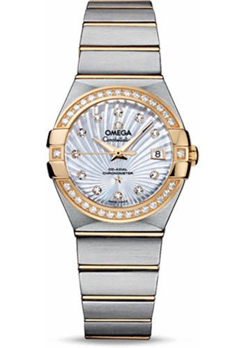 Omega Ladies Constellation Chronometer Watch – 27 mm Brushed Steel And Yellow Gold Case – Diamond Bezel – Mother-Of-Pearl Supernova Diamond Dial – 123.25.27.20.55.002