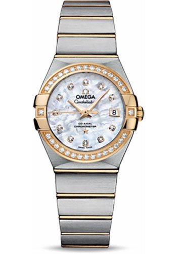 Omega Ladies Constellation Chronometer Watch – 27 mm Brushed Steel And Yellow Gold Case – Diamond Bezel – Mother-Of-Pearl Diamond Dial – 123.25.27.20.55.003