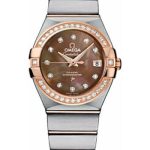 Omega Ladies Constellation Chronometer Watch – 27 mm Brushed Steel And Red Gold Case – Diamond Bezel – Dark Mother-Of-Pearl Diamond Dial – 123.25.27.20.57.001