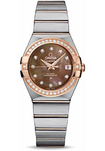 Omega Ladies Constellation Chronometer Watch – 27 mm Brushed Steel And Red Gold Case – Diamond Bezel – Dark Mother-Of-Pearl Diamond Dial – 123.25.27.20.57.001
