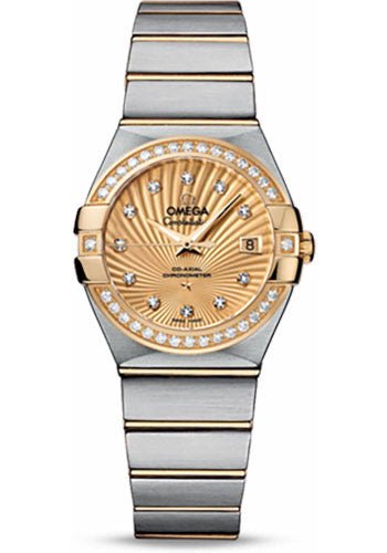 Omega Ladies Constellation Chronometer Watch – 27 mm Brushed Steel And Yellow Gold Case – Diamond Bezel – Champagne Supernova Diamond Dial – 123.25.27.20.58.001