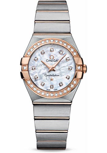 Omega Ladies Constellation Quartz Watch – 27 mm Brushed Steel And Red Gold Case – Diamond Bezel – Mother-Of-Pearl Diamond Dial – 123.25.27.60.55.001