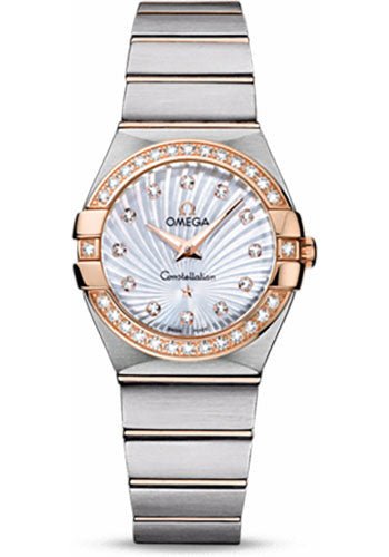 Omega Ladies Constellation Quartz Watch – 27 mm Brushed Steel And Red Gold Case – Diamond Bezel – Mother-Of-Pearl Diamond Dial – 123.25.27.60.55.002
