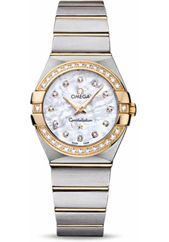 Omega Ladies Constellation Quartz Watch – 27 mm Brushed Steel And Yellow Gold Case – Diamond Bezel – Mother-Of-Pearl Diamond Dial – 123.25.27.60.55.003
