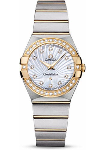 Omega Ladies Constellation Quartz Watch – 27 mm Brushed Steel And Yellow Gold Case – Diamond Bezel – Mother-Of-Pearl Diamond Dial – 123.25.27.60.55.004