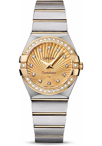 Omega Ladies Constellation Quartz Watch – 27 mm Brushed Steel And Yellow Gold Case – Diamond Bezel – Champagne Diamond Dial – 123.25.27.60.58.001