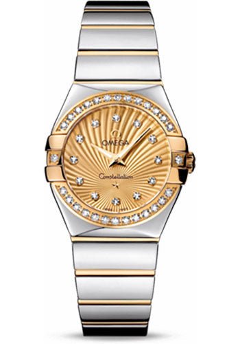 Omega Ladies Constellation Polished Quartz Watch – 27 mm Polished Steel And Yellow Gold Case – Diamond Bezel – Champagne Diamond Dial – Steel And Yellow Gold Bracelet – 123.25.27.60.58.002
