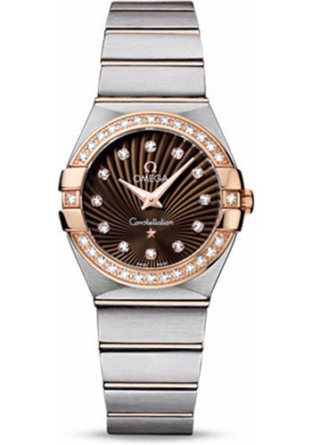 Omega Ladies Constellation Quartz Watch – 27 mm Brushed Steel And Red Gold Case – Diamond Bezel – Brown Diamond Dial – 123.25.27.60.63.001