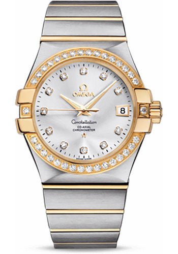 Omega Gents Constellation Chronometer Watch – 35 mm Brushed Steel And Yellow Gold Case – Diamond Bezel – Silver Diamond Dial – 123.25.35.20.52.002