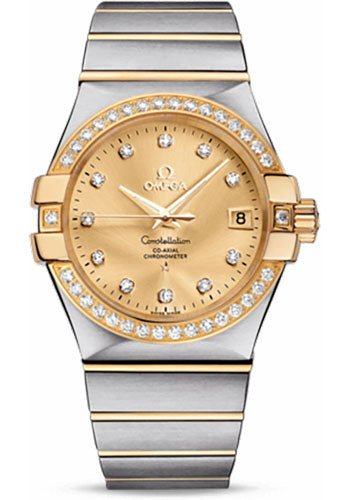 Omega Gents Constellation Chronometer Watch – 35 mm Brushed Steel And Yellow Gold Case – Diamond Bezel – Champagne Diamond Dial – 123.25.35.20.58.001