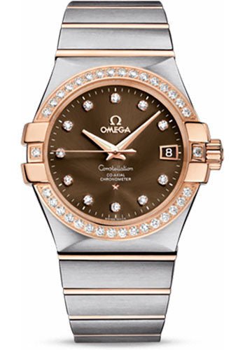 Omega Gents Constellation Chronometer Watch – 35 mm Brushed Steel And Red Gold Case – Diamond Bezel – Brown Diamond Dial – 123.25.35.20.63.001