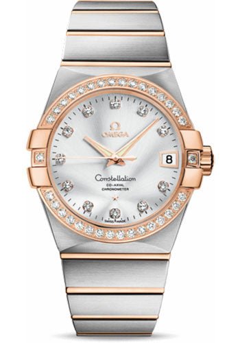 Omega Gents Constellation Chronometer Watch – 38 mm Brushed Steel And Red Gold Case – Diamond Bezel – Silver Diamond Dial – 123.25.38.21.52.001