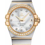 Omega Gents Constellation Chronometer Watch – 38 mm Brushed Steel And Yellow Gold Case – Diamond Bezel – Silver Diamond Dial – 123.25.38.21.52.002