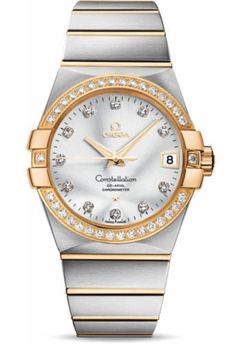Omega Gents Constellation Chronometer Watch – 38 mm Brushed Steel And Yellow Gold Case – Diamond Bezel – Silver Diamond Dial – 123.25.38.21.52.002