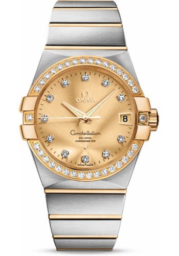 Omega Gents Constellation Chronometer Watch – 38 mm Brushed Steel And Yellow Gold Case – Diamond Bezel – Champagne Diamond Dial – 123.25.38.21.58.001