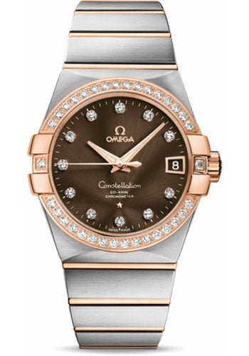 Omega Gents Constellation Chronometer Watch – 38 mm Brushed Steel And Red Gold Case – Diamond Bezel – Brown Diamond Dial – 123.25.38.21.63.001