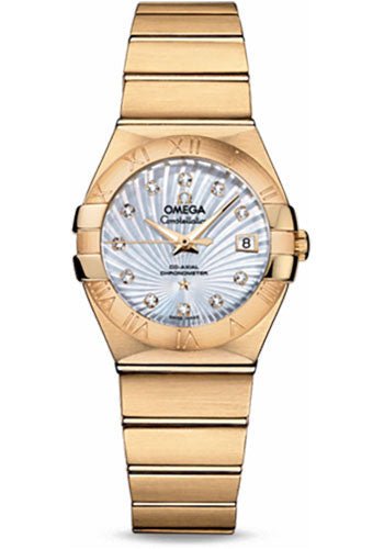 Omega Ladies Constellation Chronometer Watch – 27 mm Brushed Yellow Gold Case – Mother-Of-Pearl Supernova Diamond Dial – 123.50.27.20.55.002