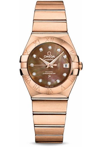 Omega Ladies Constellation Chronometer Watch – 27 mm Brushed Red Gold Case – Mother-Of-Pearl Diamond Dial – 123.50.27.20.57.001
