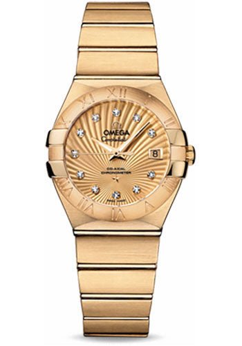 Omega Ladies Constellation Chronometer Watch – 27 mm Brushed Yellow Gold Case – Champagne Supernova Diamond Dial – 123.50.27.20.58.001
