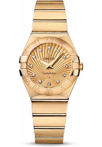 Omega Ladies Constellation Quartz Watch – 27 mm Brushed Yellow Gold Case – Champagne Diamond Dial – 123.50.27.60.58.001