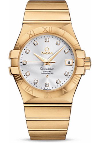 Omega Gents Constellation Chronometer Watch – 35 mm Brushed Yellow Gold Case – Silver Diamond Dial – 123.50.35.20.52.002