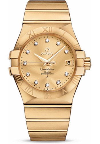 Omega Gents Constellation Chronometer Watch – 35 mm Brushed Yellow Gold Case – Champagne Diamond Dial – 123.50.35.20.58.001