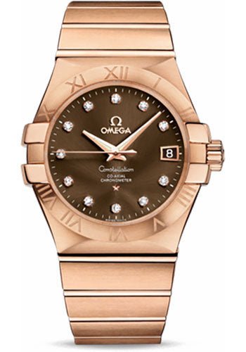 Omega Gents Constellation Chronometer Watch – 35 mm Brushed Red Gold Case – Brown Diamond Dial – 123.50.35.20.63.001