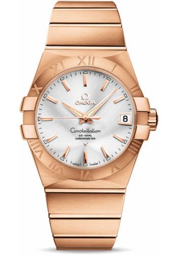 Omega Gents Constellation Chronometer Watch – 38 mm Brushed Red Gold Case – Silver Dial – 123.50.38.21.02.001