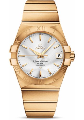 Omega Gents Constellation Chronometer Watch – 38 mm Brushed Yellow Gold Case – Silver Dial – 123.50.38.21.02.002