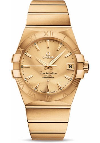 Omega Gents Constellation Chronometer Watch – 38 mm Brushed Yellow Gold Case – Champagne Dial – 123.50.38.21.08.001