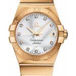Omega Gents Constellation Chronometer Watch – 38 mm Brushed Yellow Gold Case – Silver Diamond Dial – 123.50.38.21.52.002