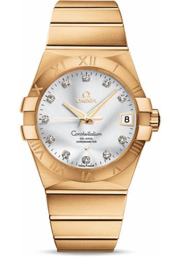 Omega Gents Constellation Chronometer Watch – 38 mm Brushed Yellow Gold Case – Silver Diamond Dial – 123.50.38.21.52.002