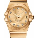 Omega Gents Constellation Chronometer Watch – 38 mm Brushed Yellow Gold Case – Champagne Diamond Dial – 123.50.38.21.58.001