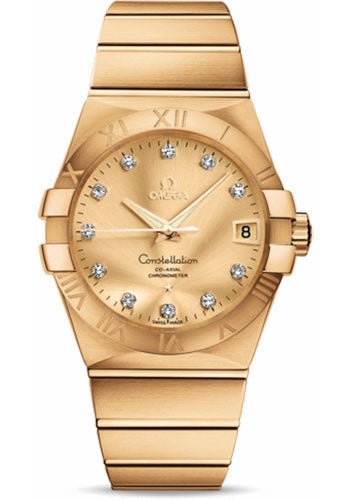 Omega Gents Constellation Chronometer Watch – 38 mm Brushed Yellow Gold Case – Champagne Diamond Dial – 123.50.38.21.58.001