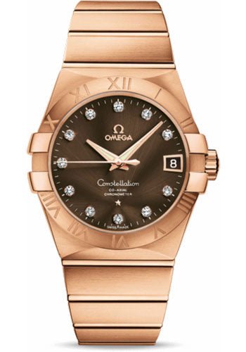 Omega Gents Constellation Chronometer Watch – 38 mm Brushed Red Gold Case – Brown Diamond Dial – 123.50.38.21.63.001