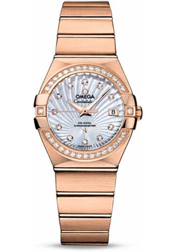 Omega Ladies Constellation Chronometer Watch – 27 mm Brushed Red Gold Case – Diamond Bezel – Mother-Of-Pearl Supernova Diamond Dial – 123.55.27.20.55.001