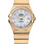 Omega Ladies Constellation Chronometer Watch – 27 mm Brushed Yellow Gold Case – Diamond Bezel – Mother-Of-Pearl Supernova Diamond Dial – 123.55.27.20.55.002