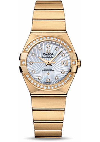 Omega Ladies Constellation Chronometer Watch – 27 mm Brushed Yellow Gold Case – Diamond Bezel – Mother-Of-Pearl Supernova Diamond Dial – 123.55.27.20.55.002