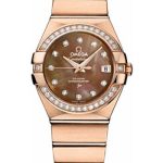 Omega Ladies Constellation Chronometer Watch – 27 mm Brushed Red Gold Case – Diamond Bezel – Dark Mother-Of-Pearl Diamond Dial – 123.55.27.20.57.001
