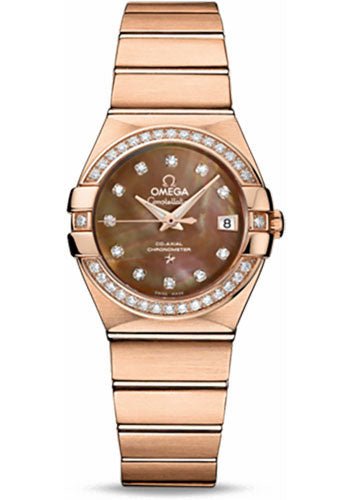 Omega Ladies Constellation Chronometer Watch – 27 mm Brushed Red Gold Case – Diamond Bezel – Dark Mother-Of-Pearl Diamond Dial – 123.55.27.20.57.001