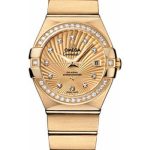 Omega Ladies Constellation Chronometer Watch – 27 mm Brushed Yellow Gold Case – Diamond Bezel – Champagne Supernova Diamond Dial – 123.55.27.20.58.001