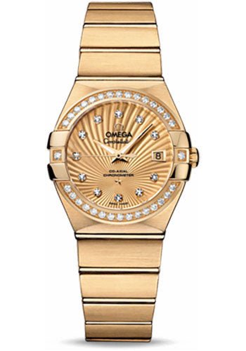 Omega Ladies Constellation Chronometer Watch – 27 mm Brushed Yellow Gold Case – Diamond Bezel – Champagne Supernova Diamond Dial – 123.55.27.20.58.001